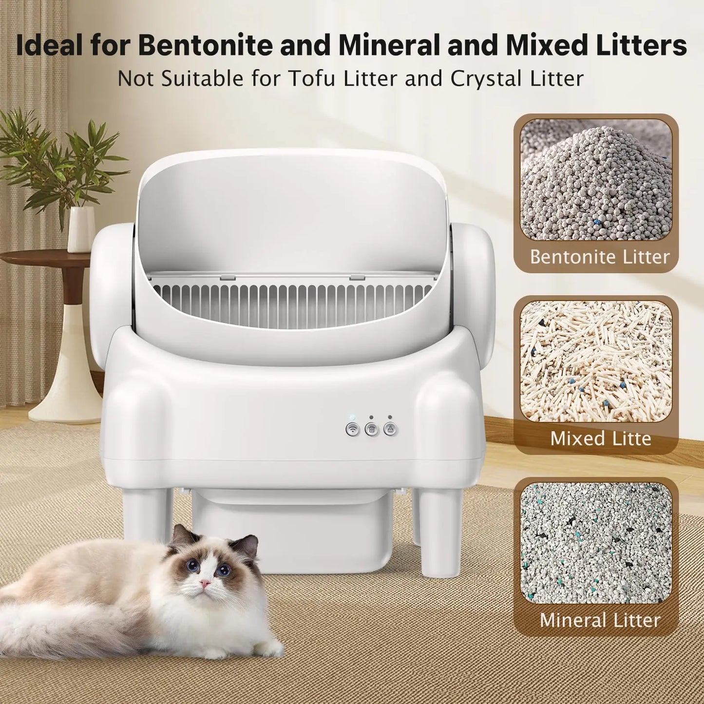 TAYACICY Automatic Self Cleaning Litter Box Open Top with App Control for Multiple Cats 16.5"X16.5" Entrance Dual Safety Tech 10.5L Sealed Waste Bin Leak-Proof Design Cream White - Litterbox(Only Supports 2.4Gwifi) Mothersdaygift#Summervibes#Petlovers