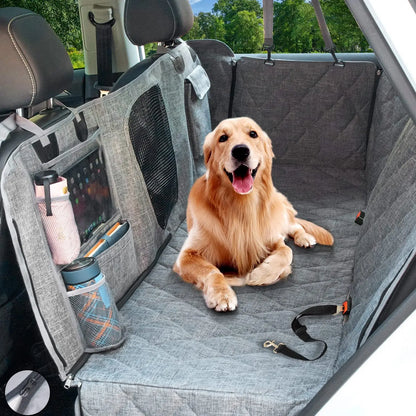 Back Seat Dog Cover - Car Hammock for Dogs with Waterproof Nonslip Luxury Material, Mesh Window & Multiple Pockets - Fit Car/Suv - Zippered Side Flap Greatly Protect