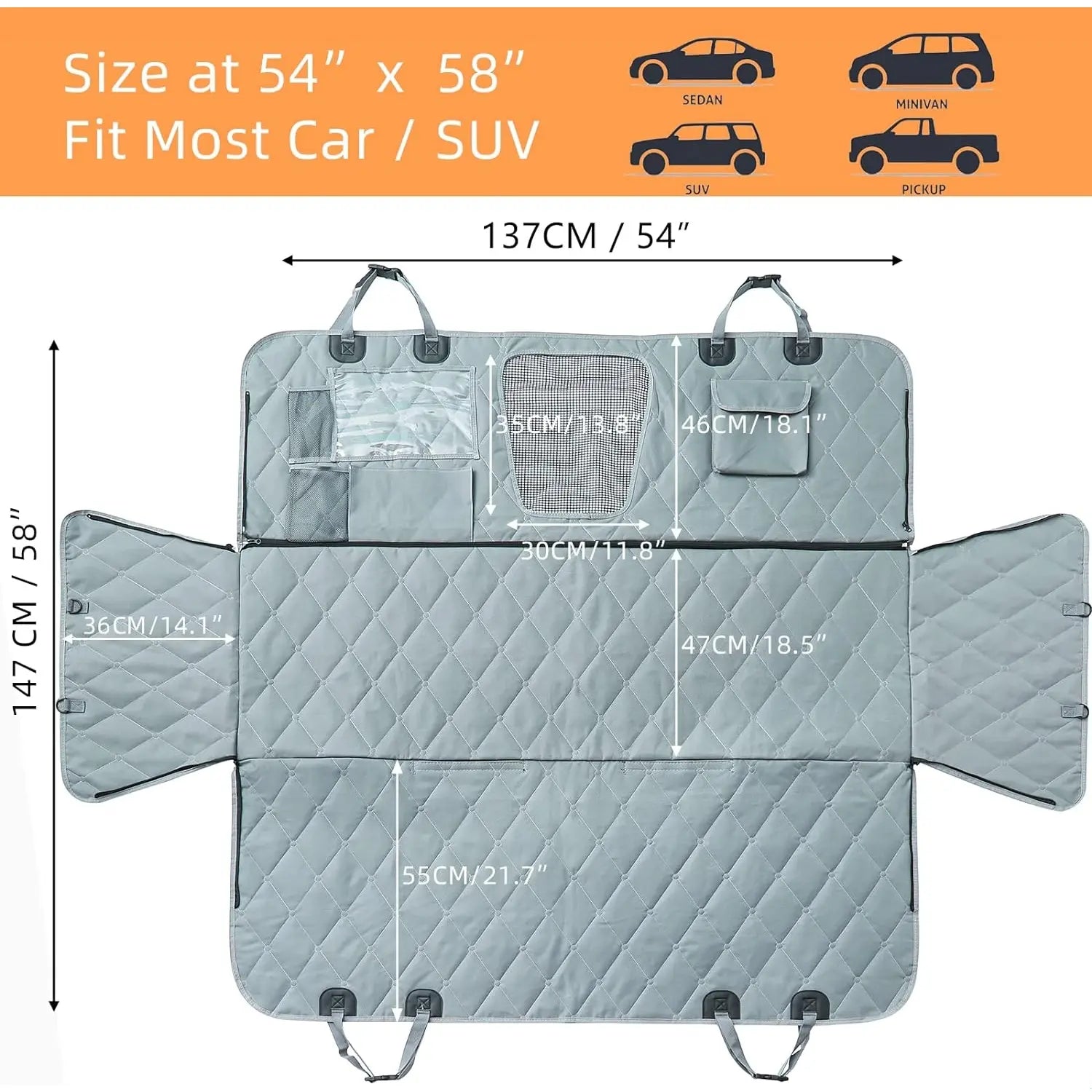 Back Seat Dog Cover - Car Hammock for Dogs with Waterproof Nonslip Luxury Material, Mesh Window & Multiple Pockets - Fit Car/Suv - Zippered Side Flap Greatly Protect