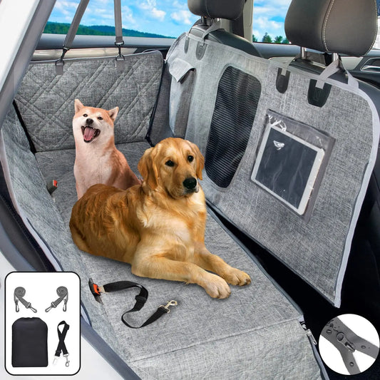 Back Seat Dog Cover - Car Hammock for Dogs with Waterproof Nonslip Luxury Material, Mesh Window & Multiple Pockets - Fit Car/Suv - Zippered Side Flap Greatly Protect