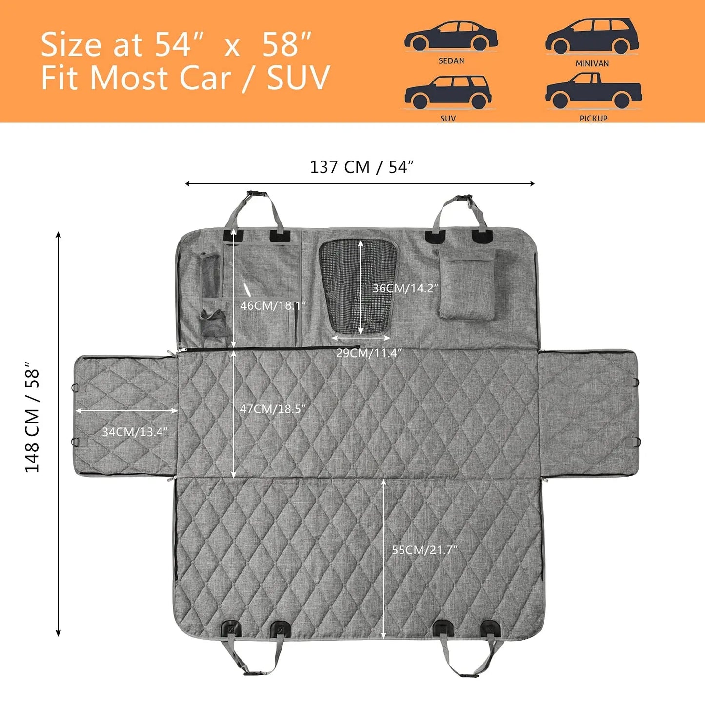 Back Seat Dog Cover - Car Hammock for Dogs with Waterproof Nonslip Luxury Material, Mesh Window & Multiple Pockets - Fit Car/Suv - Zippered Side Flap Greatly Protect