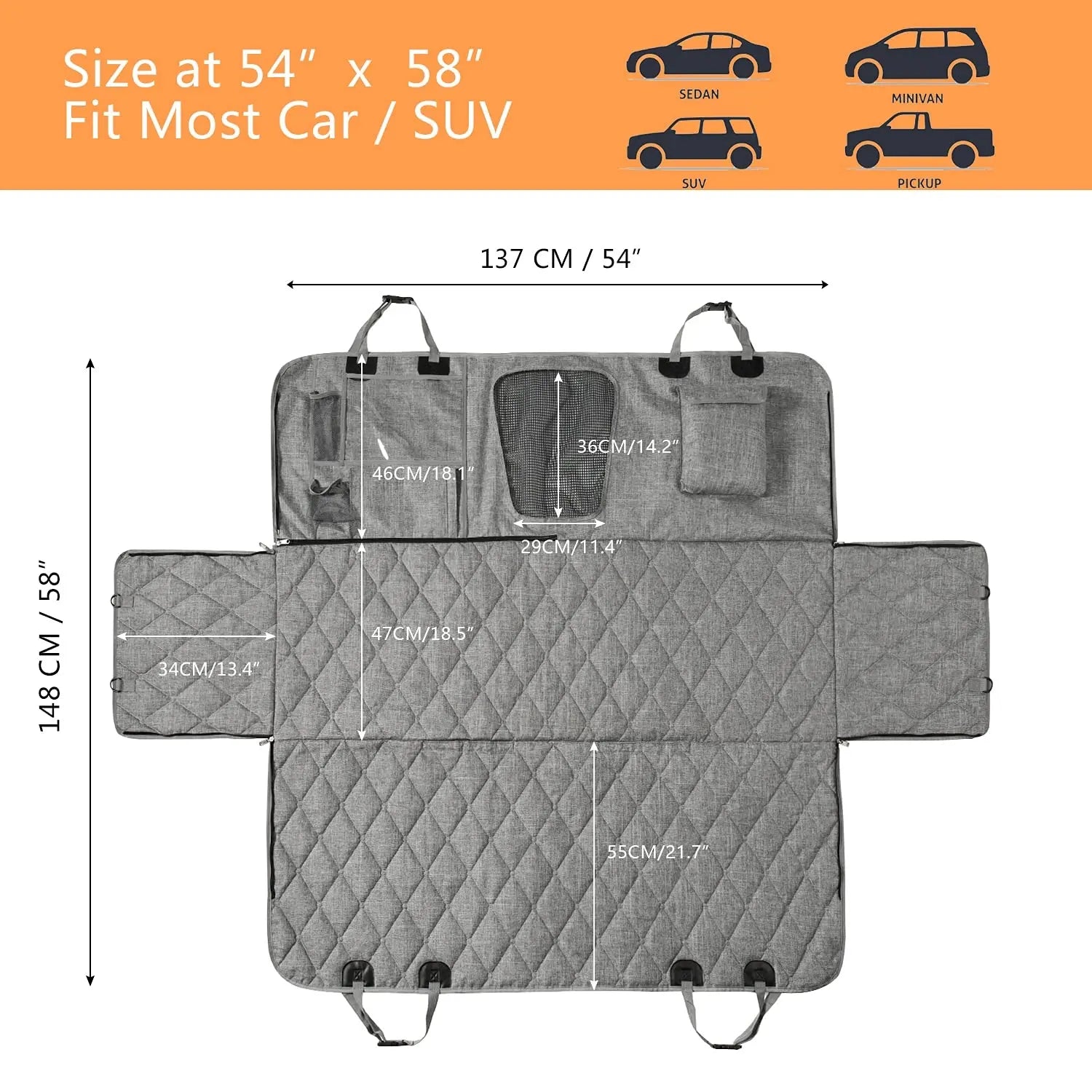 Back Seat Dog Cover - Car Hammock for Dogs with Waterproof Nonslip Luxury Material, Mesh Window & Multiple Pockets - Fit Car/Suv - Zippered Side Flap Greatly Protect