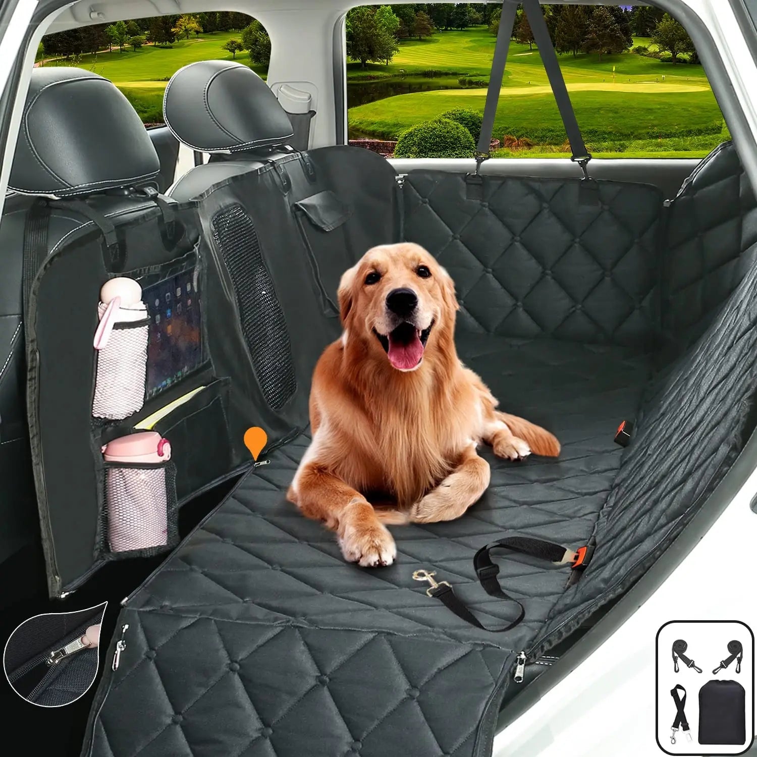 Back Seat Dog Cover - Car Hammock for Dogs with Waterproof Nonslip Luxury Material, Mesh Window & Multiple Pockets - Fit Car/Suv - Zippered Side Flap Greatly Protect
